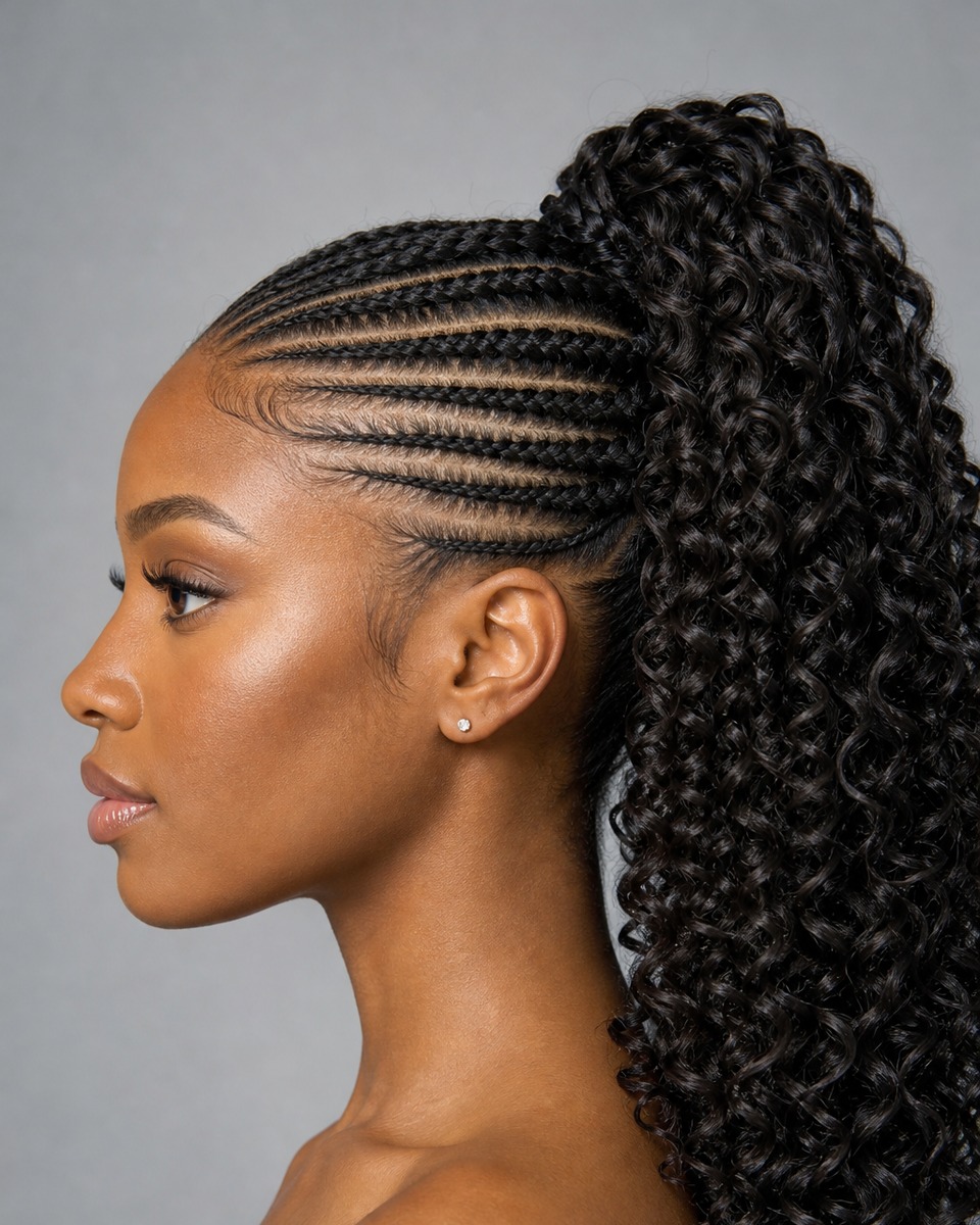 Cornrows en queue de cheval bouclée haute