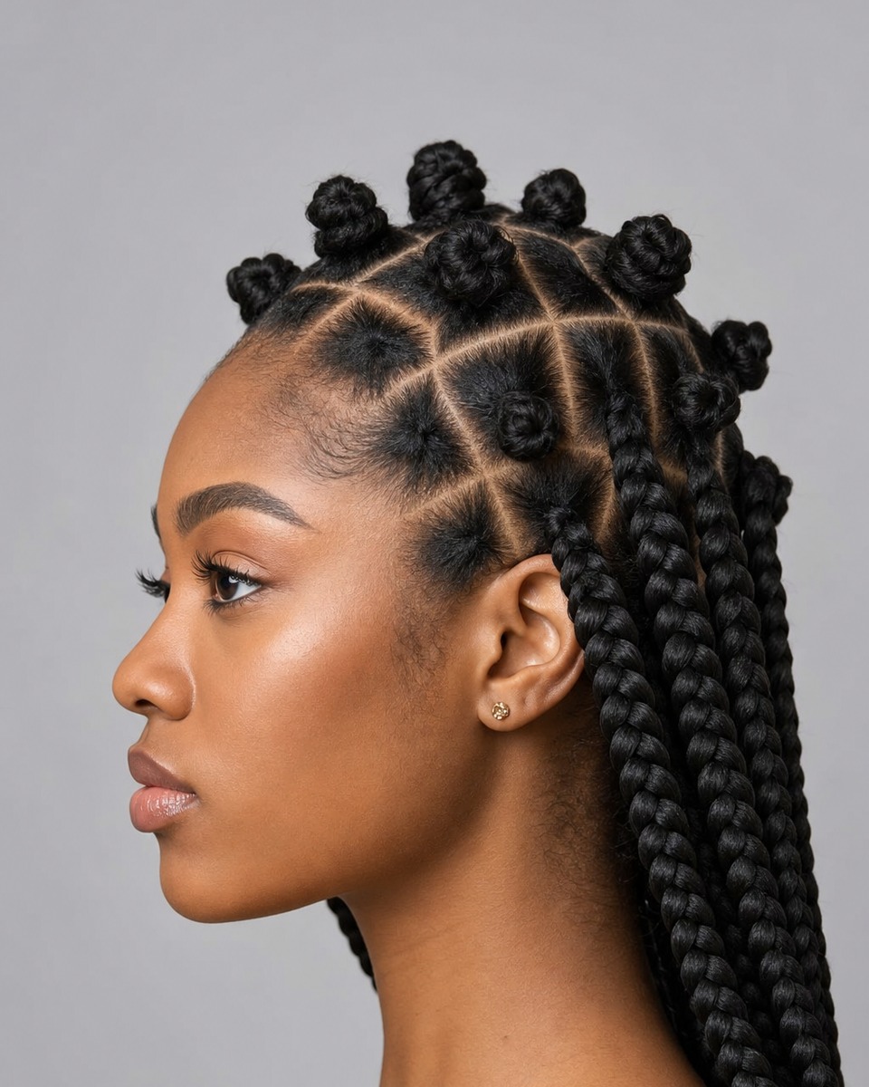 Bantu knots avec longues box braids