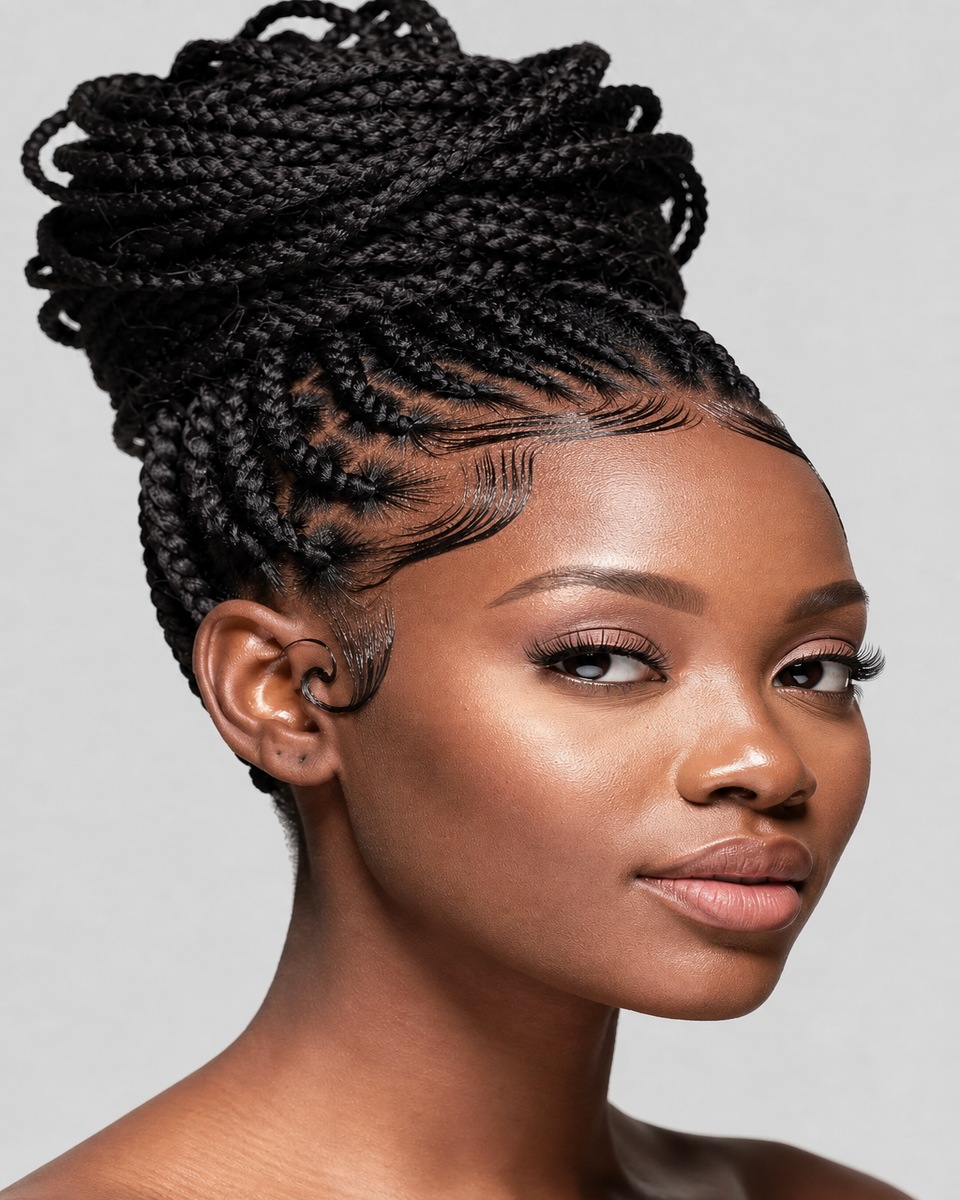Chignon cornrows avec baby hairs plaqués