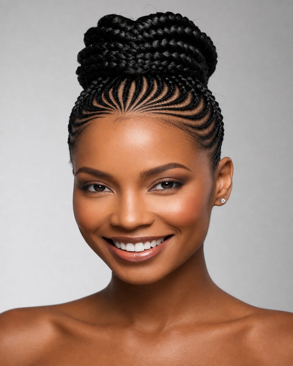 Chignon cornrows complexe motif soleil