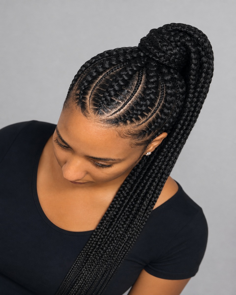 Cornrows stitch en queue tressée