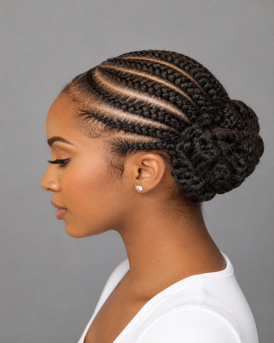 Cornrows en chignon bas